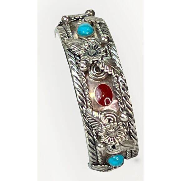 Vintage Navajo Mixed Metal Cuff Bracelet Turquoise Coral Inlay 46.3g HEAVY- 8.5” - Picture 9 of 12